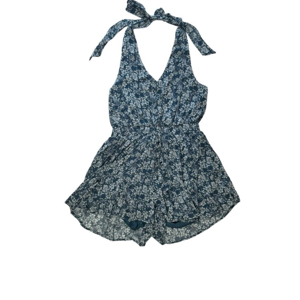 Francesca’s New Romper Shorts Halter top Floral Cinched Waist Blue Size Large